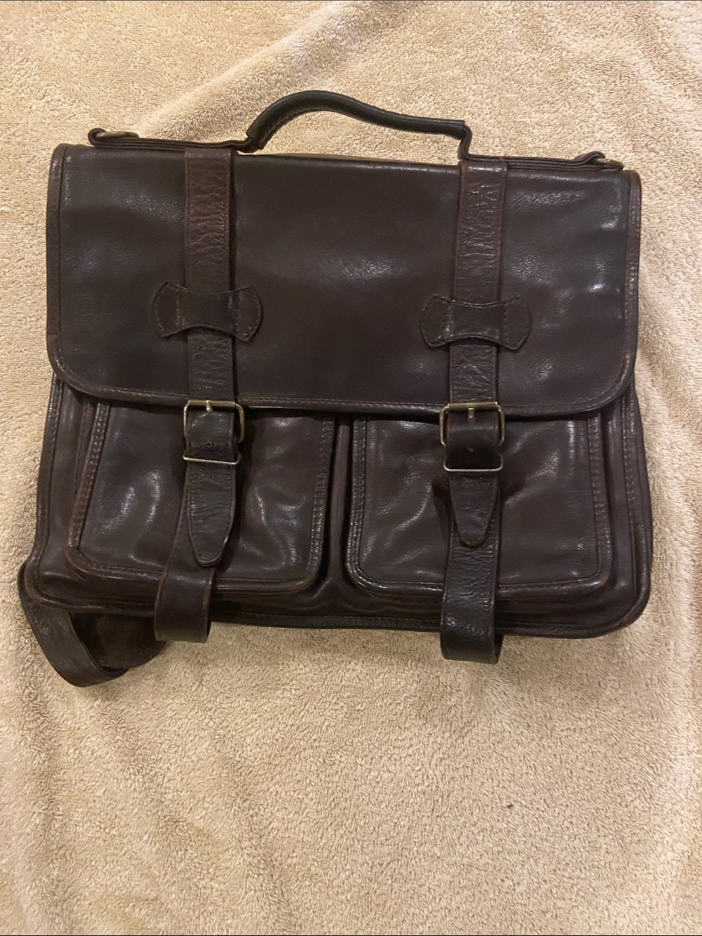 Classic Dark Brown Leather Briefcase with Front Pockets